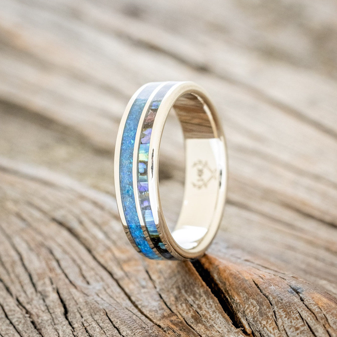 "RAPTOR" - PAUA SHELL & BLUE OPAL WEDDING BAND-1