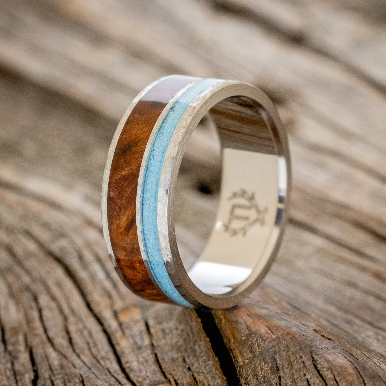 "RAPTOR" - REDWOOD & TURQUOISE WEDDING RING FEATURING A HAMMERED BAND-1