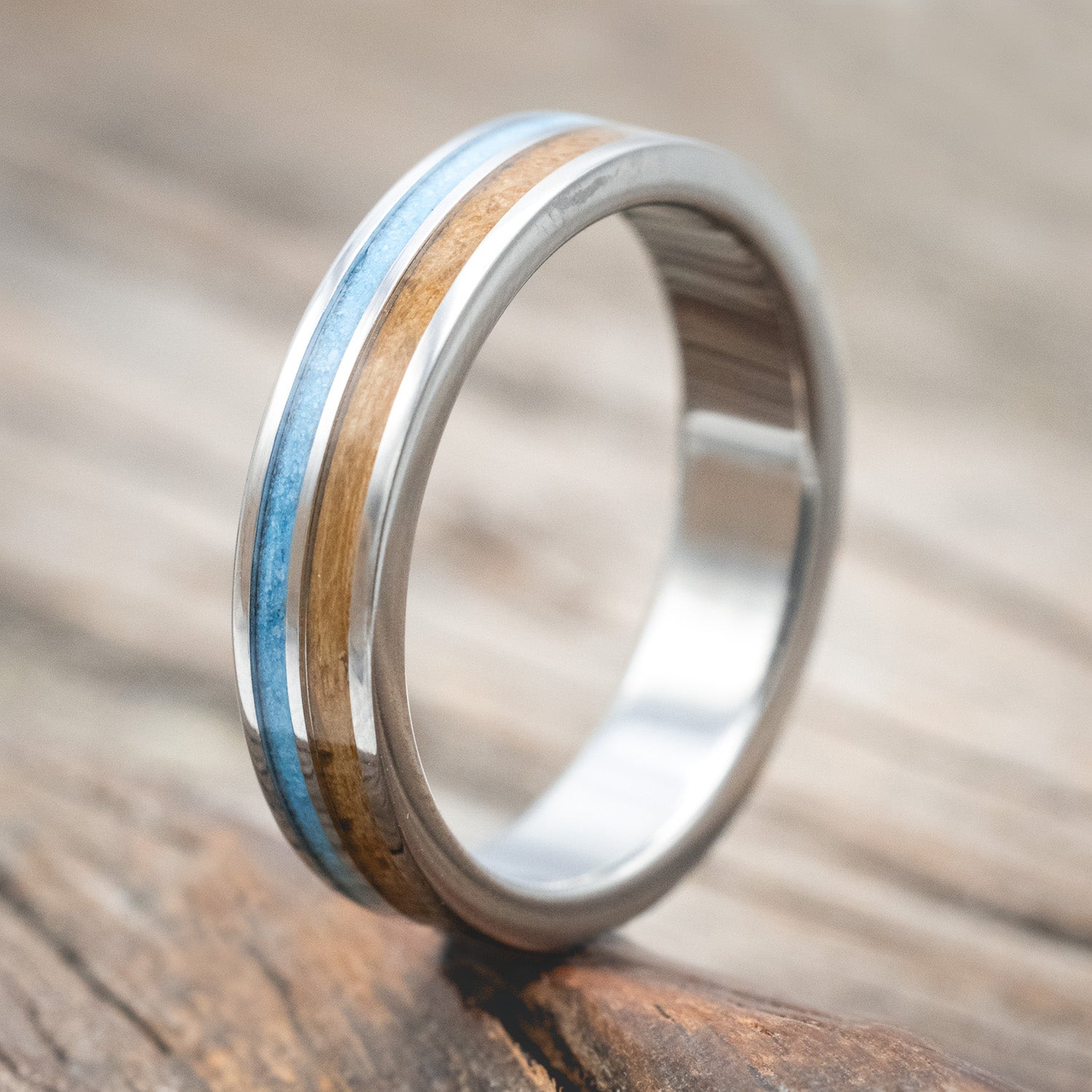 "RAPTOR" - WHISKEY BARREL OAK & TURQUOISE WEDDING BAND-Staghead Designs