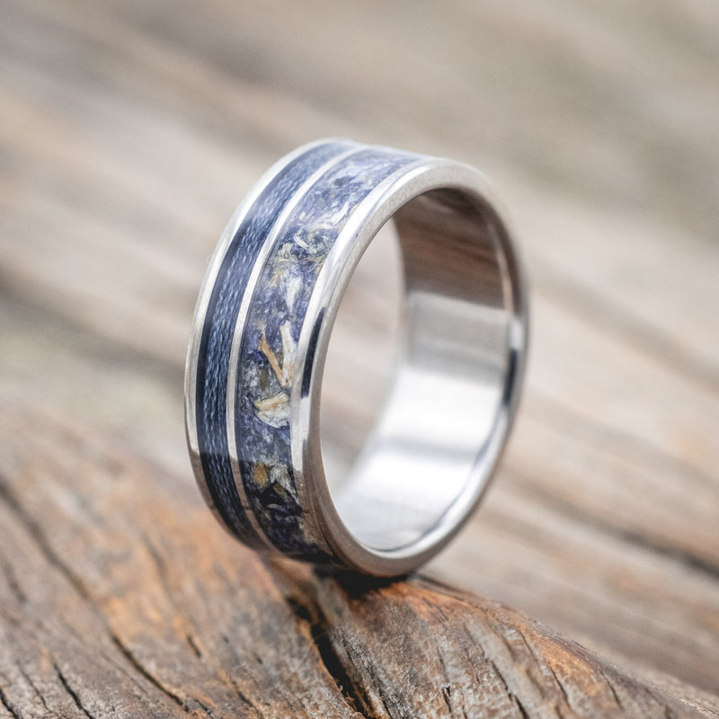 "RAPTOR" - BLUEBELL PETALS & GREY FISHING LINE INLAY WEDDING RING-Staghead Designs