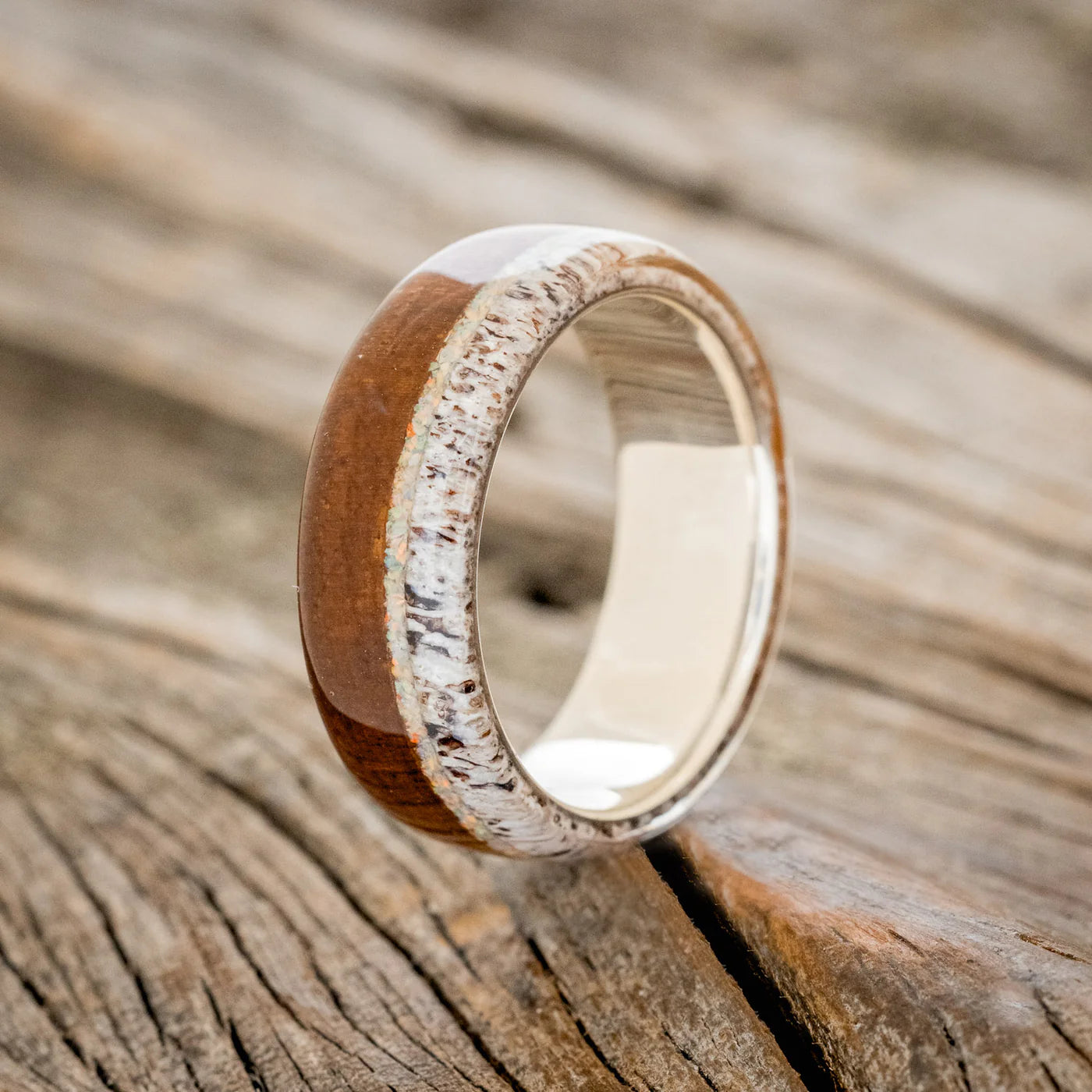 "REMMY" - IRONWOOD, ANTLER AND FIRE & ICE OPAL WEDDING RING- TITANIUM - SIZE 9 1/2-Staghead Designs