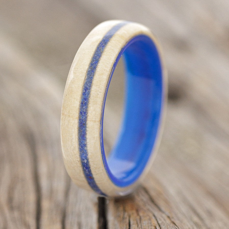 "REMMY" - MAPLE WOOD & LAPIS LAZULI WEDDING RING FEATURING A BLUE ACRYLIC BAND-1