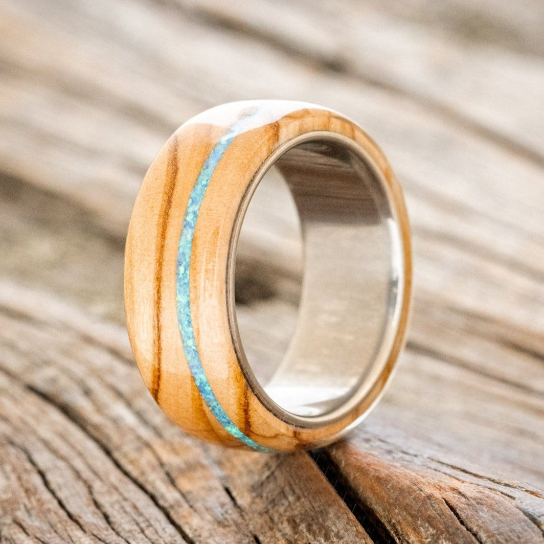 "REMMY" - OLIVE WOOD WEDDING BAND WITH A BLUE OPAL INLAY-1