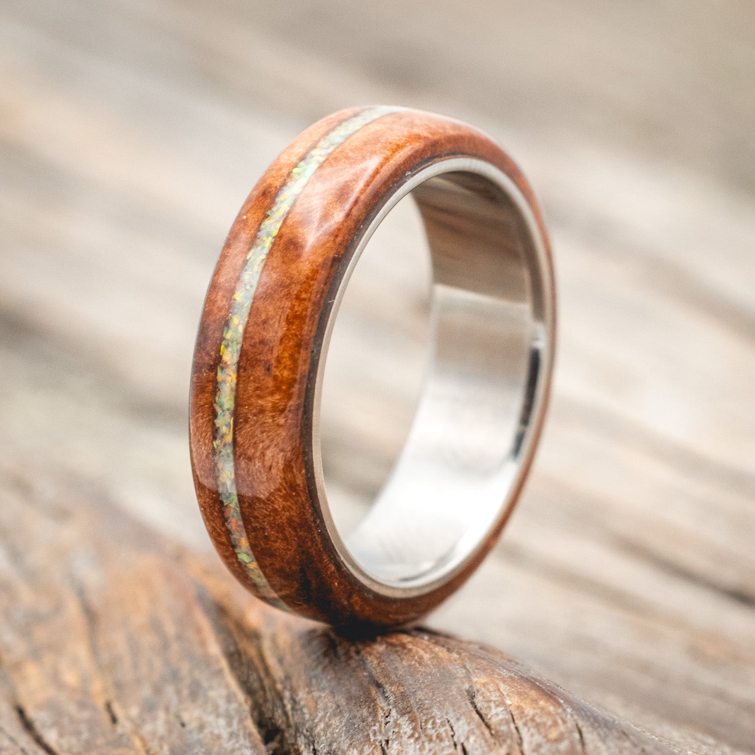 "REMMY" - REDWOOD & FIRE & ICE OPAL INLAY WEDDING RING-Staghead Designs