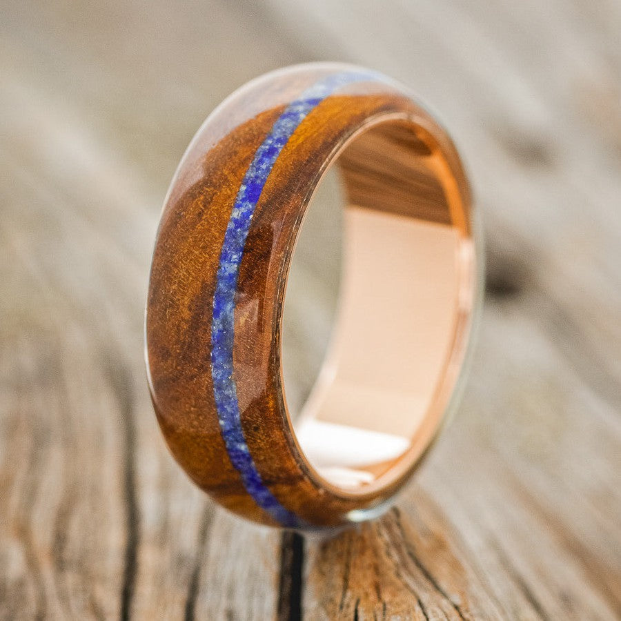 "REMMY" - REDWOOD & LAPIS LAZULI WEDDING RING FEATURING A 14K GOLD BAND-1