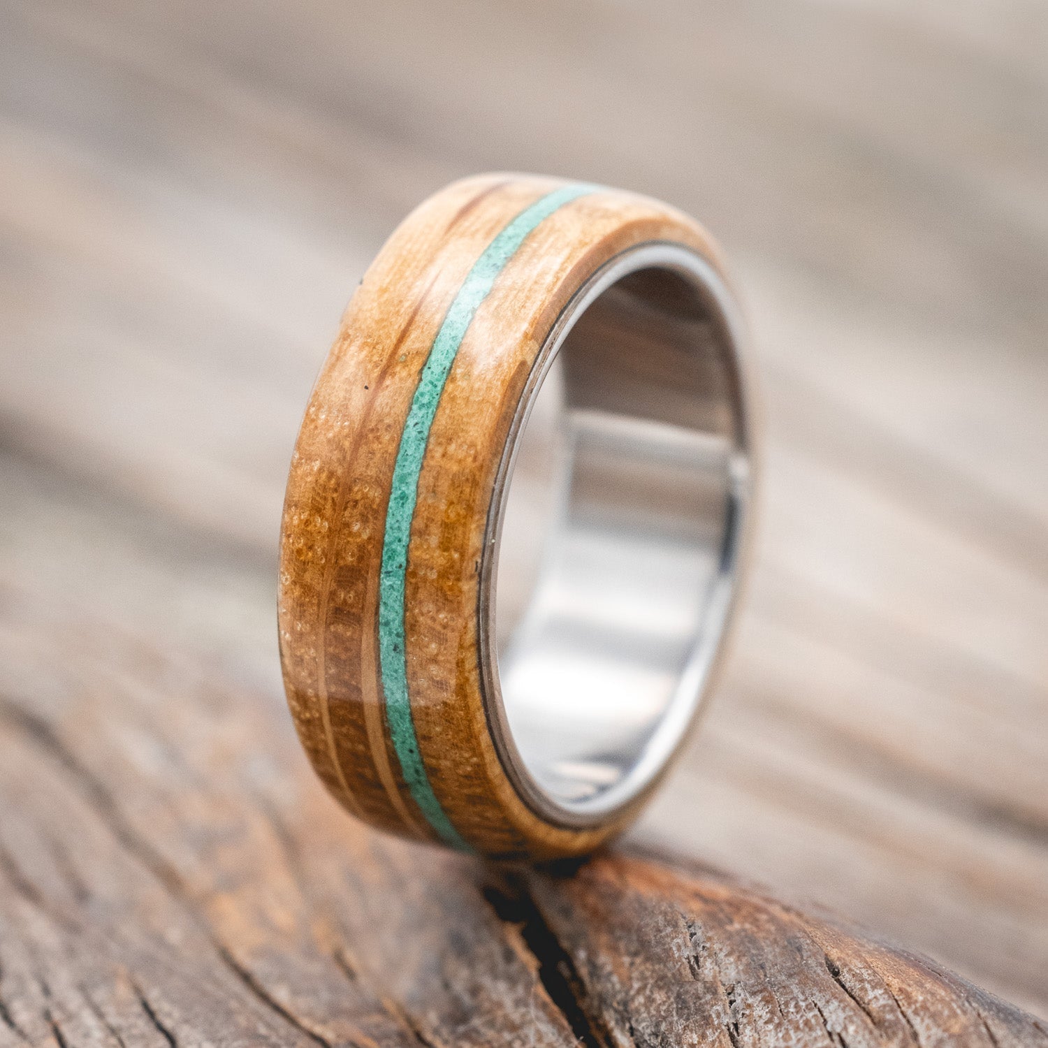 "REMMY" - WHISKEY BARREL OAK & MALACHITE WEDDING RING-Staghead Designs