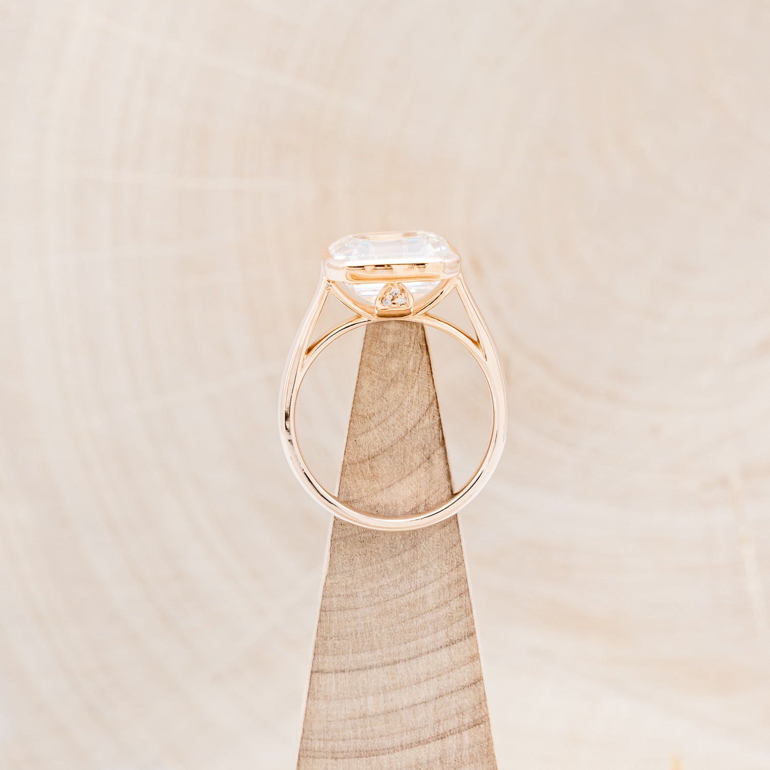 "EDITH" - EMERALD CUT MOISSANITE SOLITAIRE ENGAGEMENT RING WITH DIAMOND ACCENTS - 14K ROSE GOLD - SIZE 7-4