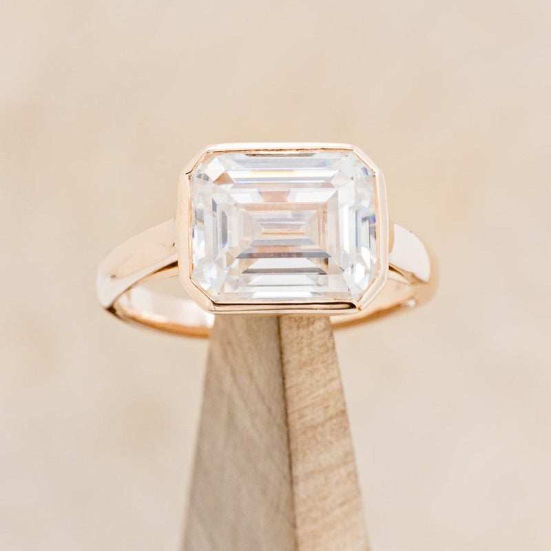 "EDITH" - EMERALD CUT MOISSANITE SOLITAIRE ENGAGEMENT RING WITH DIAMOND ACCENTS - 14K ROSE GOLD - SIZE 7-1