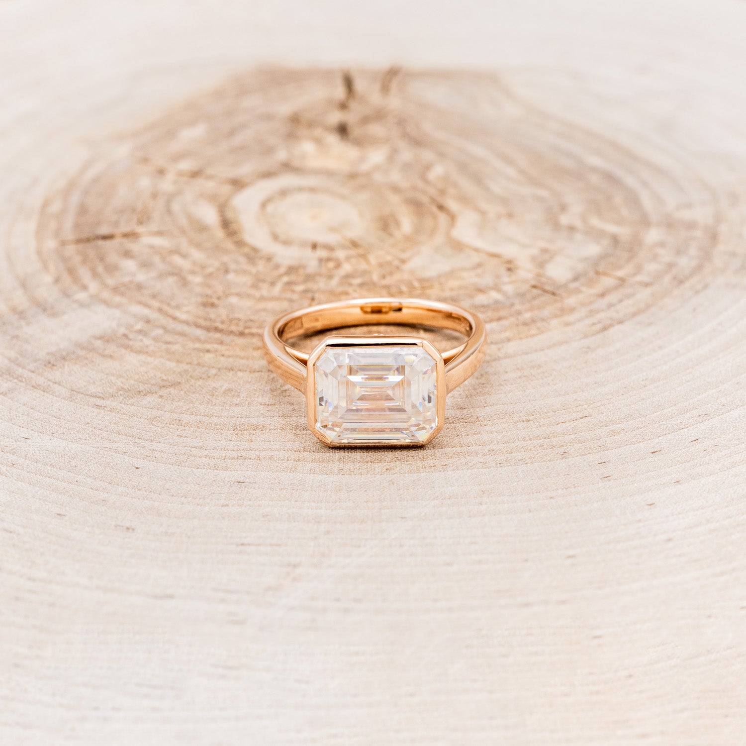 "EDITH" - EMERALD CUT MOISSANITE SOLITAIRE ENGAGEMENT RING WITH DIAMOND ACCENTS - 14K ROSE GOLD - SIZE 7-3
