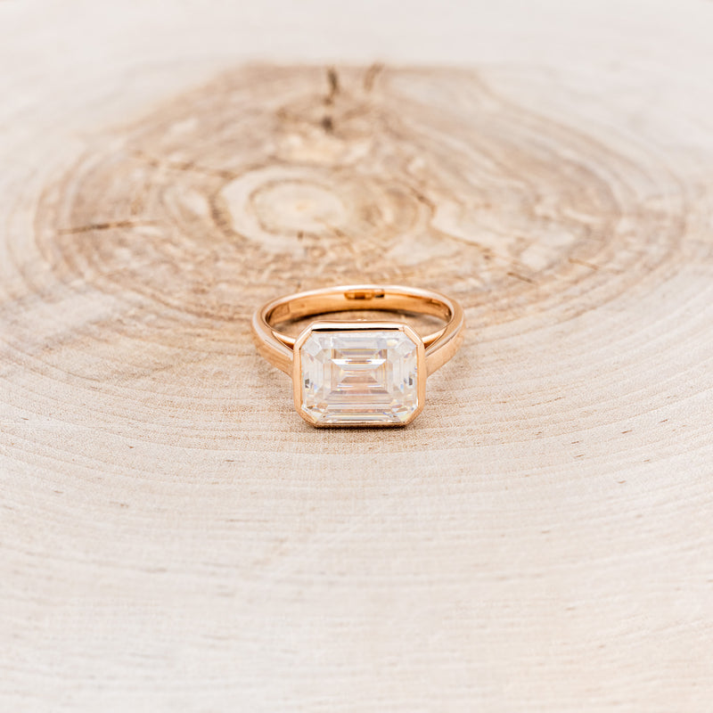 "EDITH" - EMERALD CUT MOISSANITE SOLITAIRE ENGAGEMENT RING WITH DIAMOND ACCENTS - 14K ROSE GOLD - SIZE 7-3