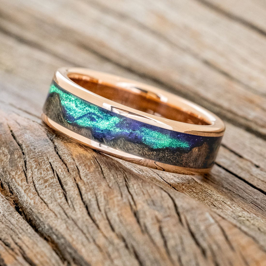 "Borealis" - Mountain Engraved Wedding Ring With Dark Maple Wood & Glow In The Dark Northern Lights-Staghead Designs