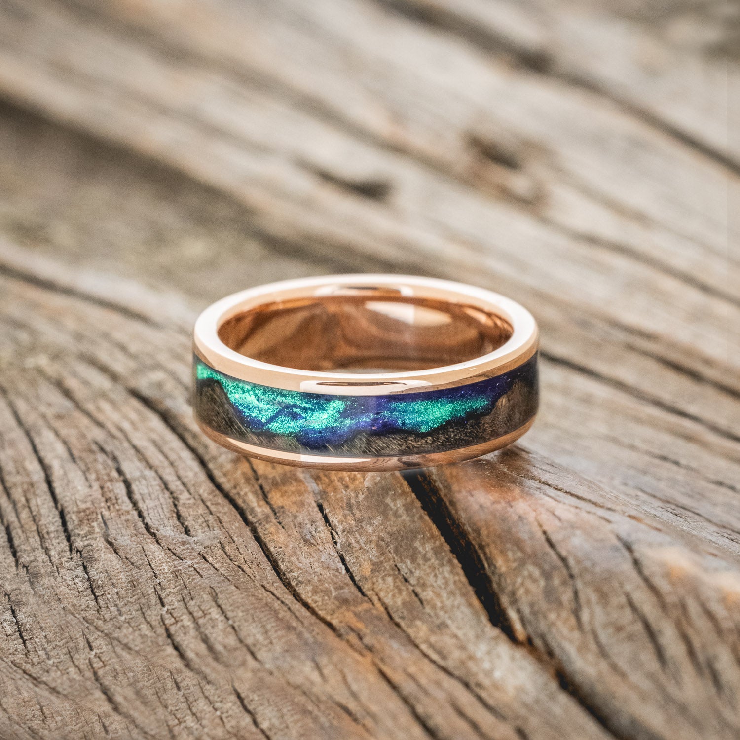 "BOREALIS" - MOUNTAIN ENGRAVED WEDDING RING WITH DARK MAPLE WOOD & GLOW IN THE DARK NORTHERN LIGHTS-9