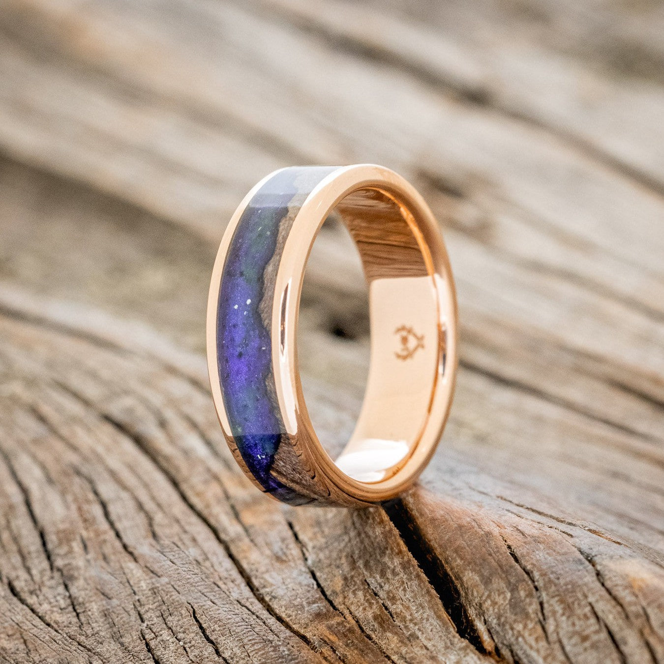 "BOREALIS" - MOUNTAIN ENGRAVED WEDDING RING WITH DARK MAPLE WOOD & GLOW IN THE DARK NORTHERN LIGHTS-5