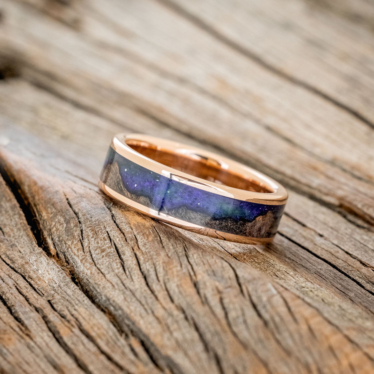 "BOREALIS" - MOUNTAIN ENGRAVED WEDDING RING WITH DARK MAPLE WOOD & GLOW IN THE DARK NORTHERN LIGHTS-4