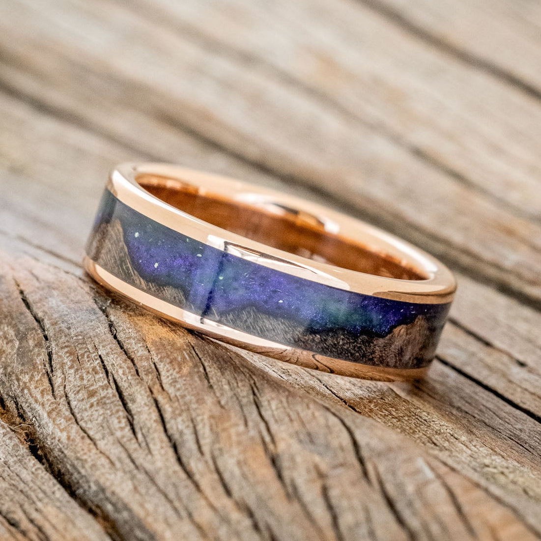 "Borealis" - Mountain Engraved Wedding Ring With Dark Maple Wood & Glow In The Dark Northern Lights-Staghead Designs
