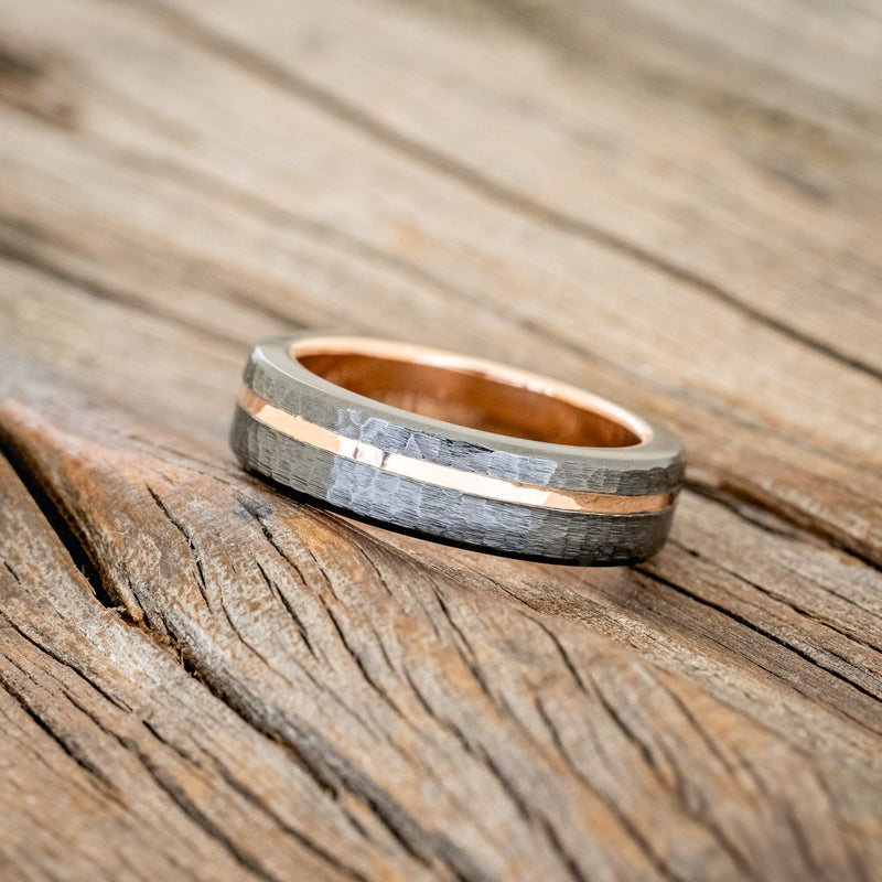 HAMMERED BLACK ZIRCONIUM & 14K GOLD INLAY WEDDING RING FEATURING A 14K GOLD BAND