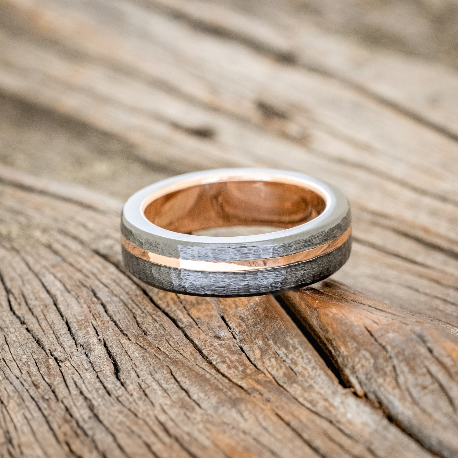 HAMMERED BLACK ZIRCONIUM & 14K GOLD INLAY WEDDING RING FEATURING A 14K GOLD BAND-3