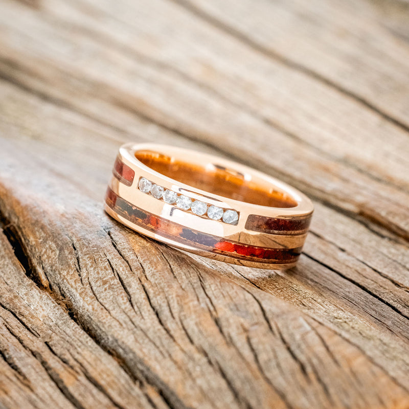 "TRIDENT" - RED PATINA COPPER & DIAMONDS WEDDING RING FEATURING A 14K GOLD BAND