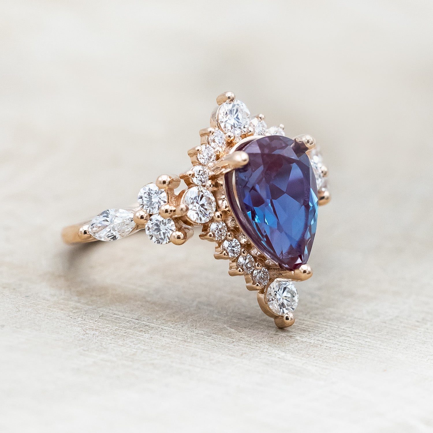 "ALICENT" - PEAR CUT LAB-GROWN ALEXANDRITE ENGAGEMENT RING SET WITH DIAMOND ACCENTS & "SAGE" TRACER-Staghead Designs