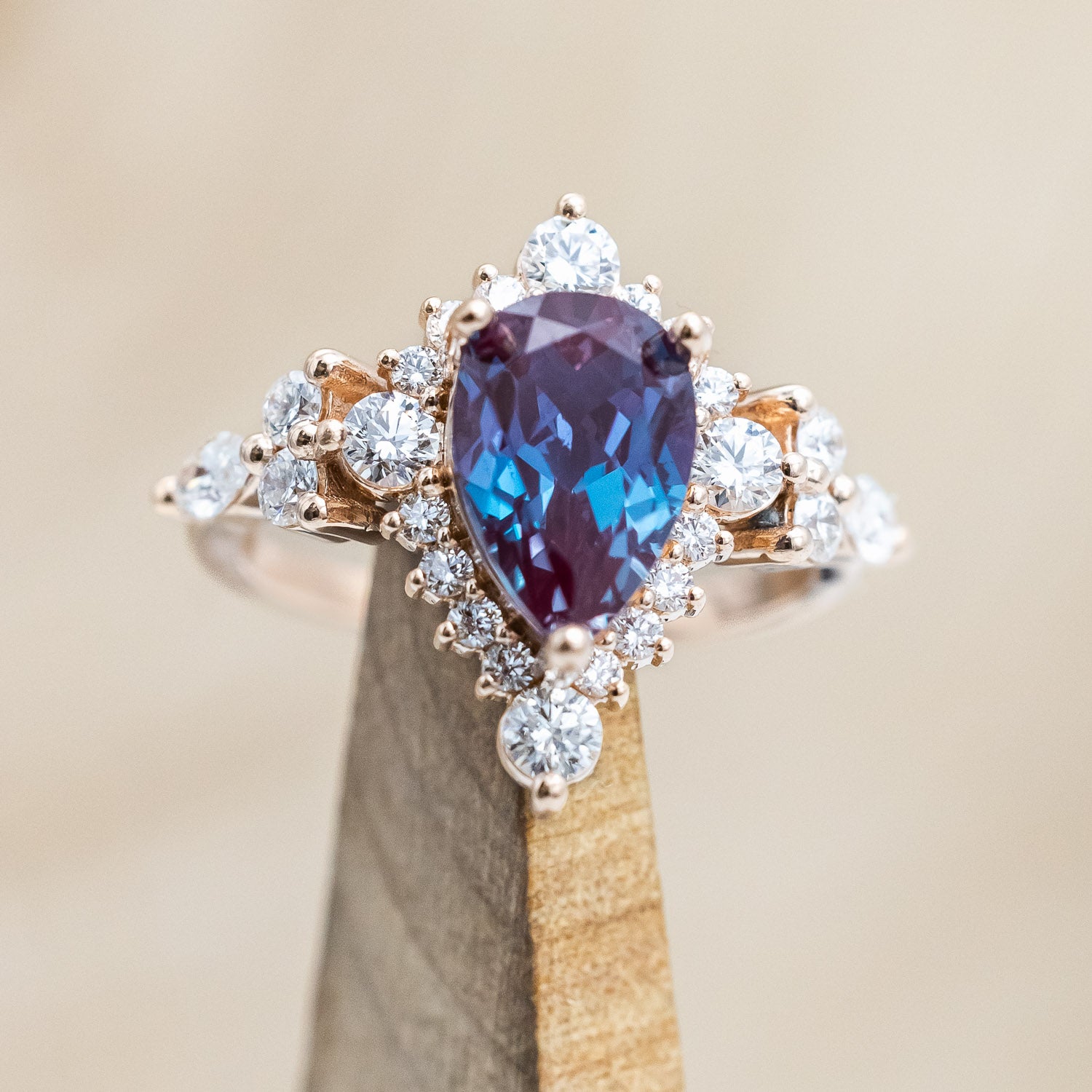 "ALICENT" - PEAR CUT LAB-GROWN ALEXANDRITE ENGAGEMENT RING SET WITH DIAMOND ACCENTS & "SAGE" TRACER-Staghead Designs