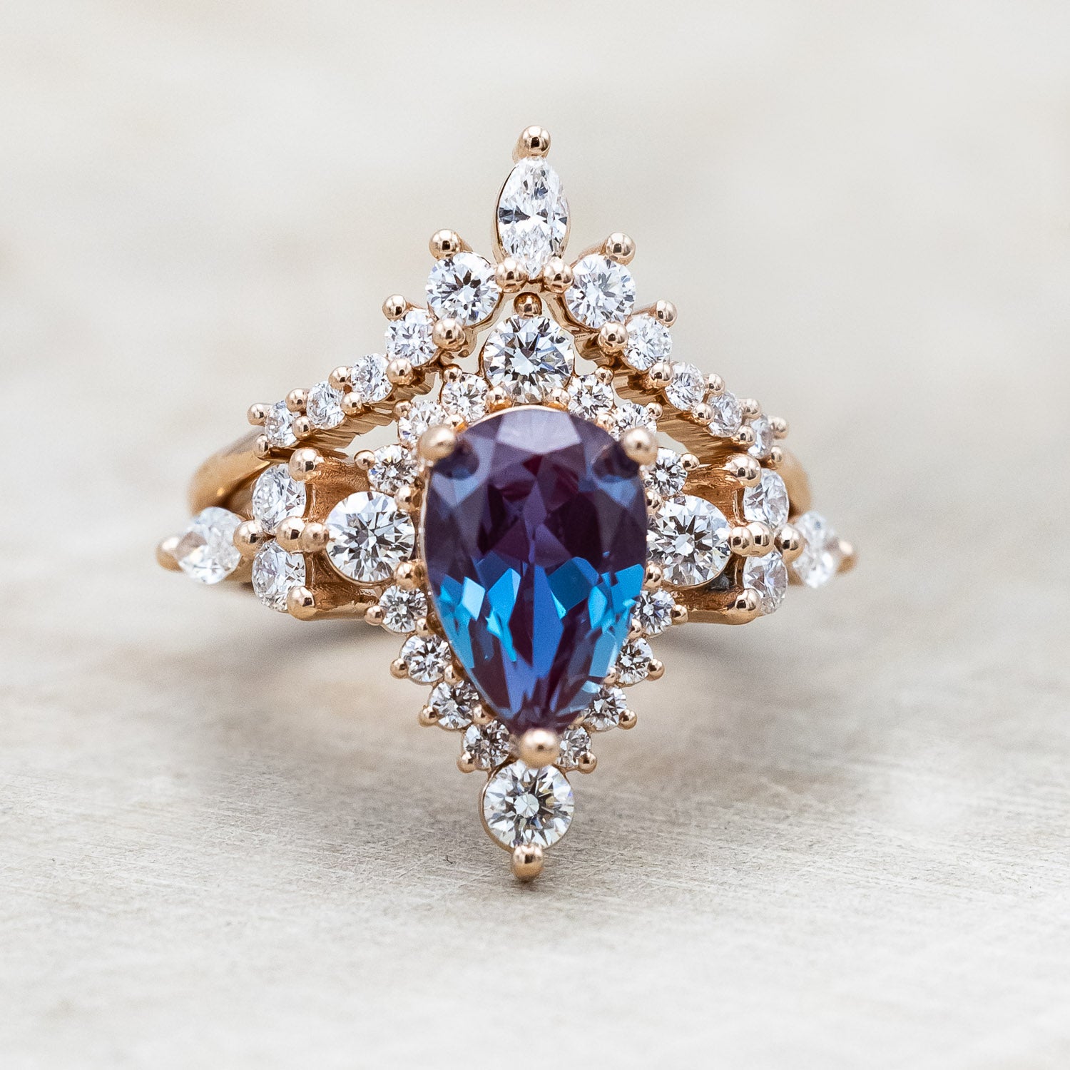 "ALICENT" - PEAR CUT LAB-GROWN ALEXANDRITE ENGAGEMENT RING SET WITH DIAMOND ACCENTS & "SAGE" TRACER-Staghead Designs