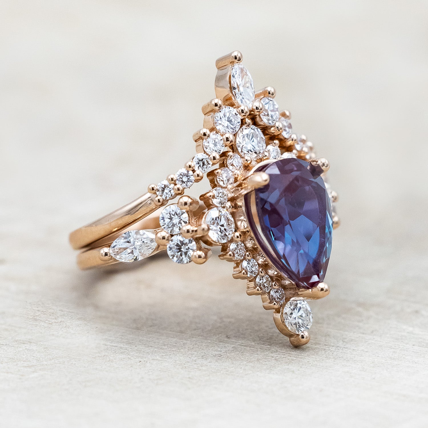 "ALICENT" - PEAR CUT LAB-GROWN ALEXANDRITE ENGAGEMENT RING SET WITH DIAMOND ACCENTS & "SAGE" TRACER-Staghead Designs