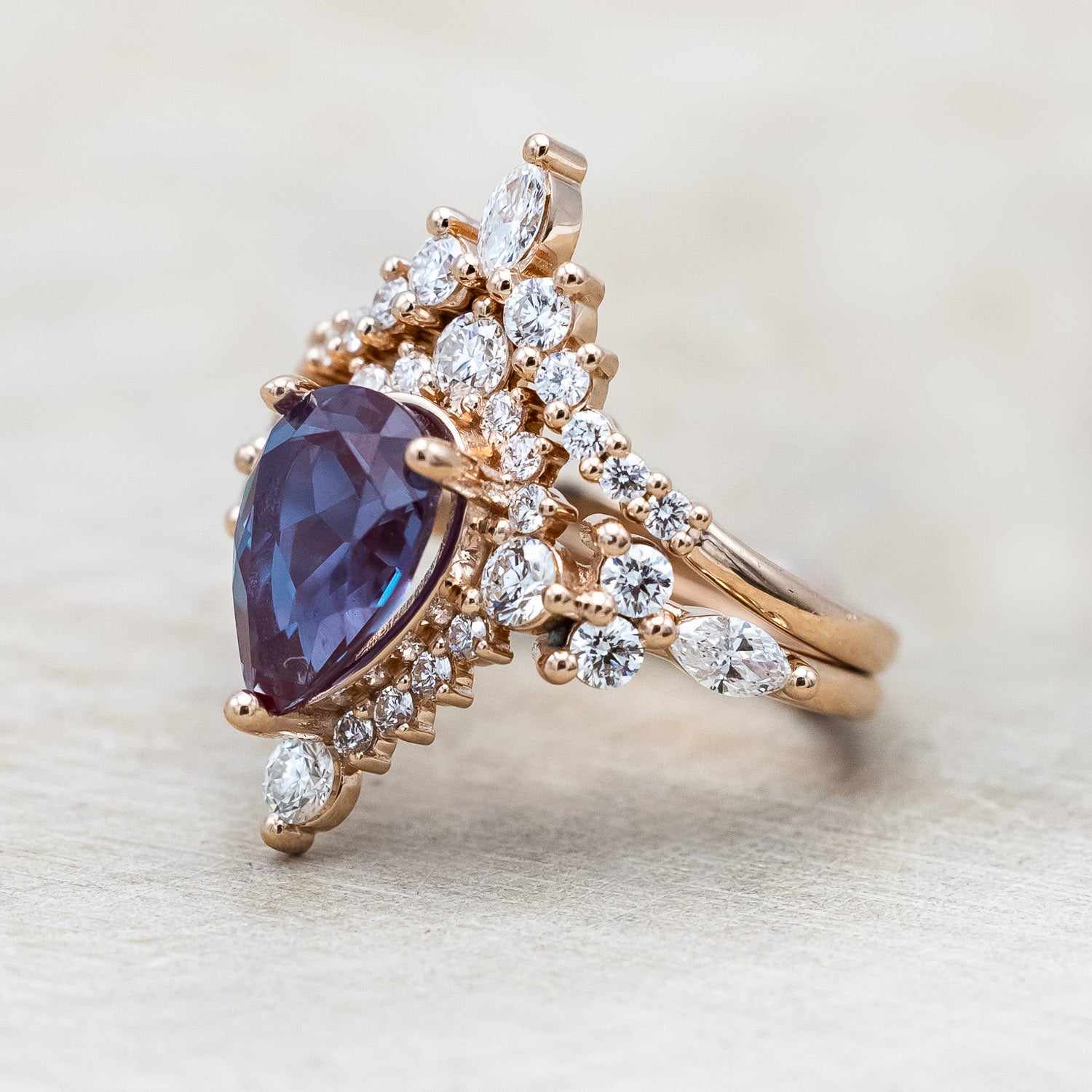 "ALICENT" - PEAR CUT LAB-GROWN ALEXANDRITE ENGAGEMENT RING SET WITH DIAMOND ACCENTS & "SAGE" TRACER-Staghead Designs