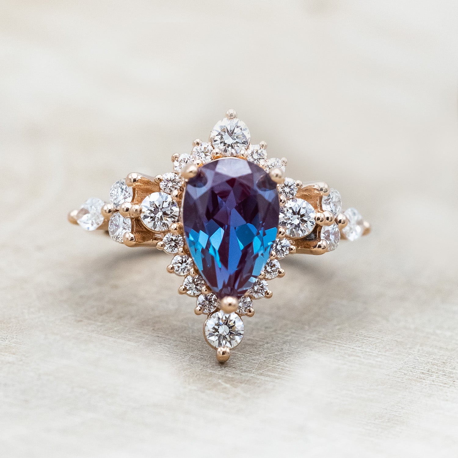 "ALICENT" - PEAR CUT LAB-GROWN ALEXANDRITE ENGAGEMENT RING SET WITH DIAMOND ACCENTS & "SAGE" TRACER-Staghead Designs