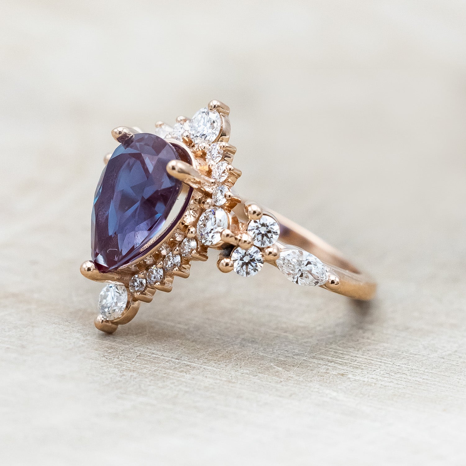 "ALICENT" - PEAR CUT LAB-GROWN ALEXANDRITE ENGAGEMENT RING SET WITH DIAMOND ACCENTS & "SAGE" TRACER-Staghead Designs