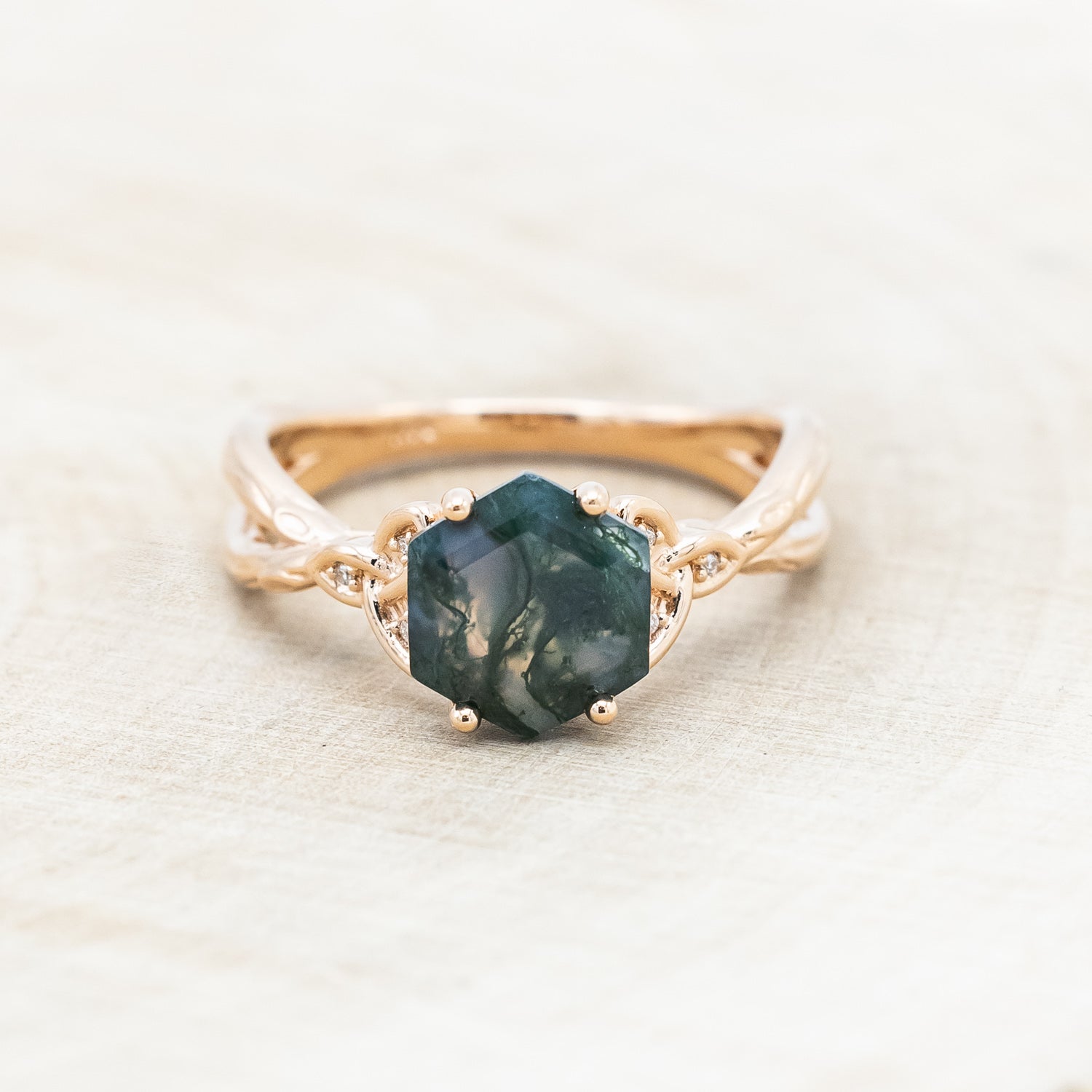"AMARIS" - CELTIC KNOT ACCENTED HEXAGON CUT MOSS AGATE ENGAGEMENT RING WITH DIAMOND ACCENTS-Staghead Designs
