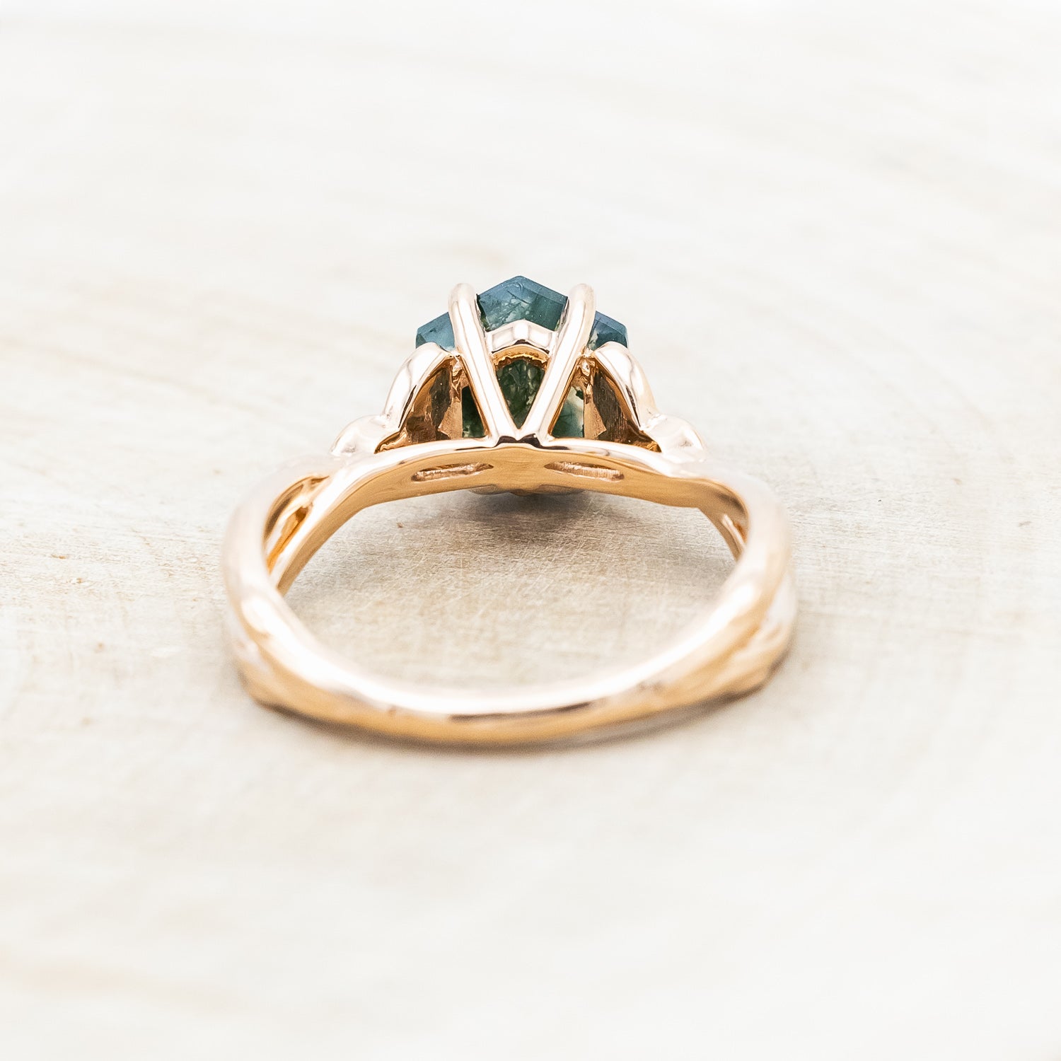 "AMARIS" - CELTIC KNOT ACCENTED HEXAGON CUT MOSS AGATE ENGAGEMENT RING WITH DIAMOND ACCENTS-Staghead Designs
