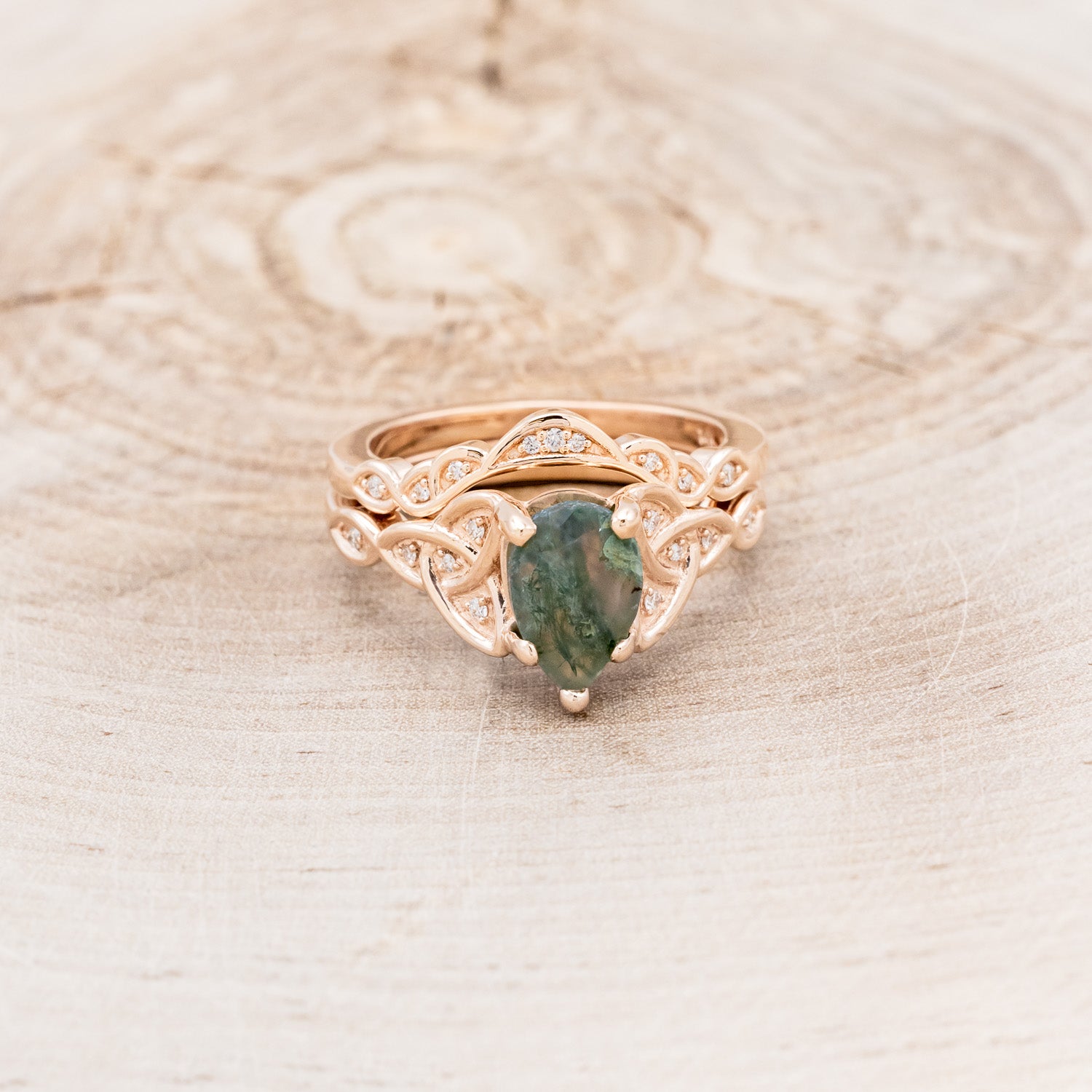 "AIFE" - CELTIC KNOT PEAR MOSS AGATE ENGAGEMENT RING AND TRACER-4