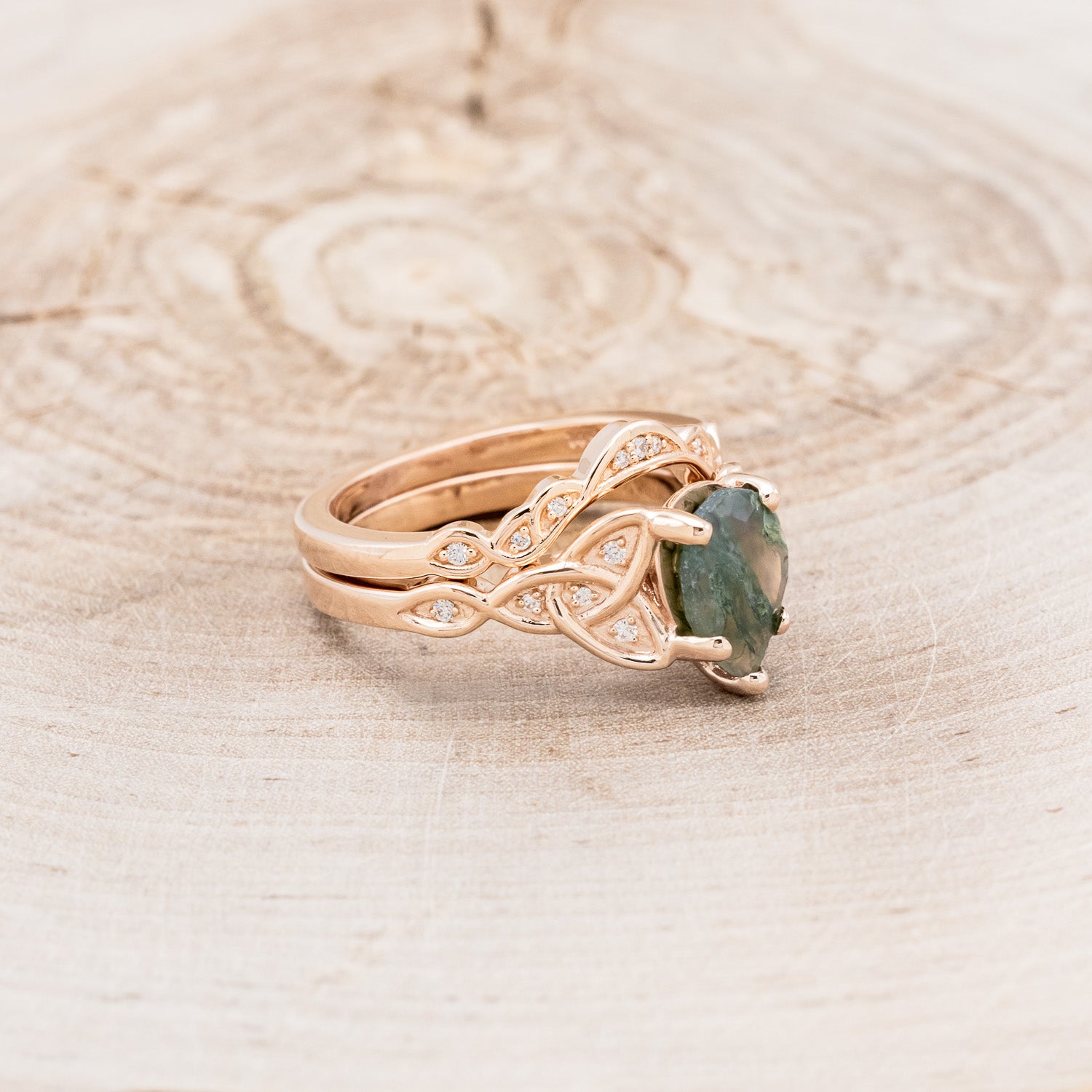"AIFE" - CELTIC KNOT PEAR MOSS AGATE ENGAGEMENT RING AND TRACER-2