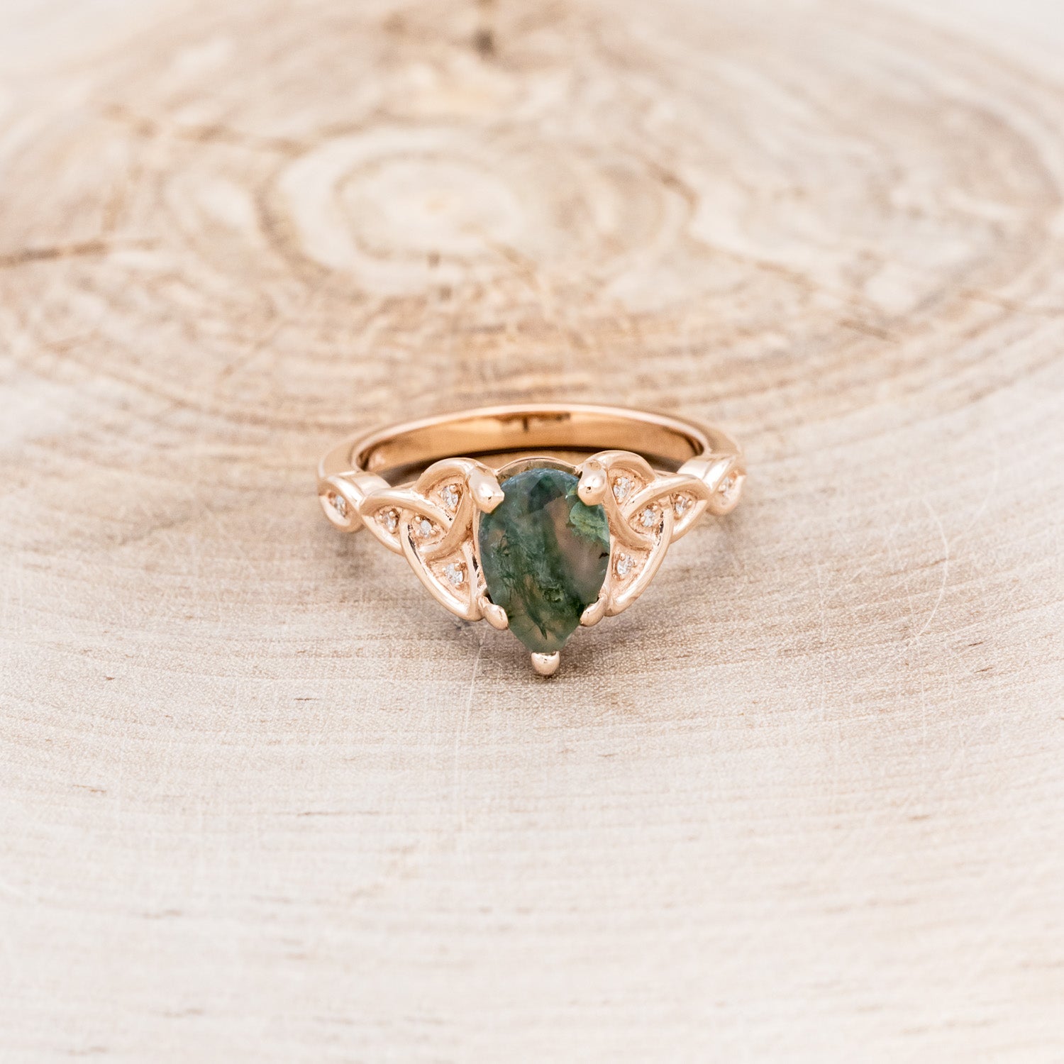 "AIFE" - CELTIC KNOT PEAR MOSS AGATE ENGAGEMENT RING AND TRACER-10