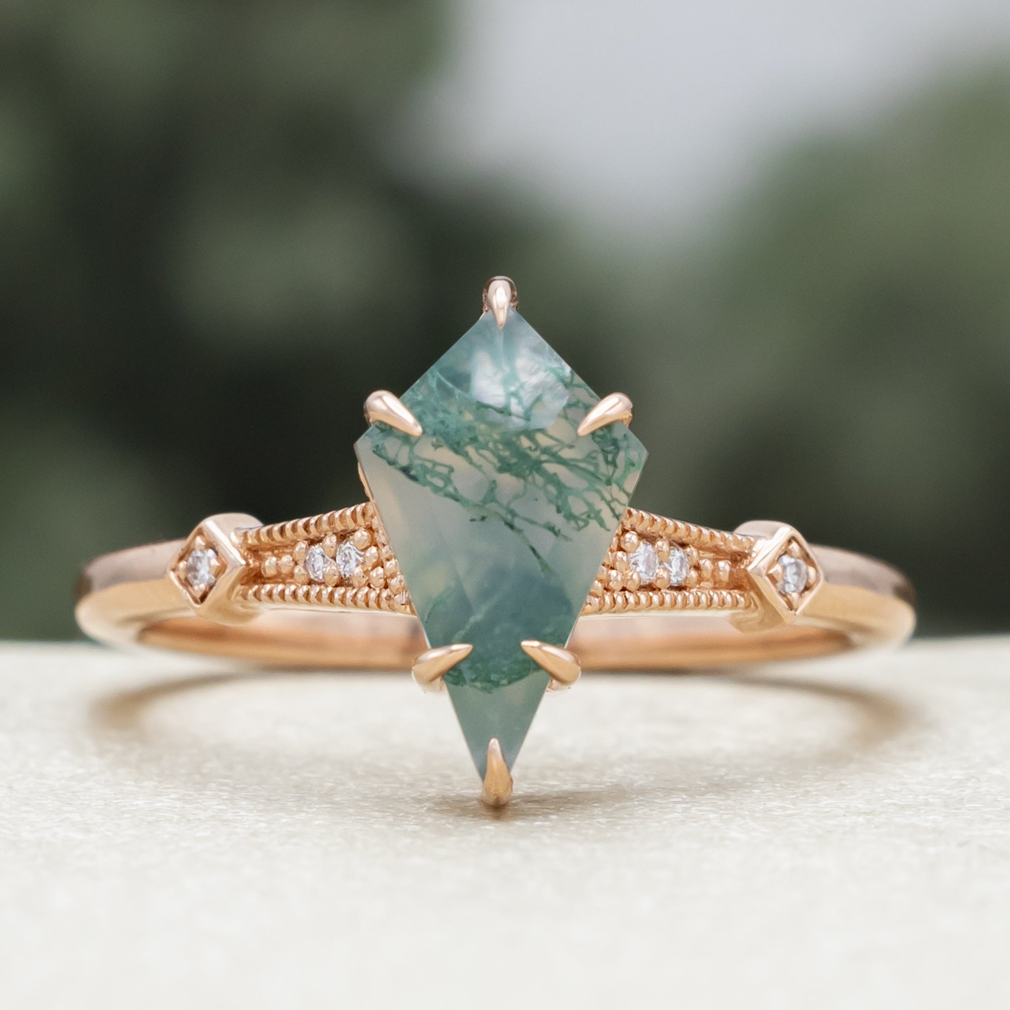 "Annora" - Kite Cut Moss Agate Engagement Ring With Diamond Accents-Staghead Designs