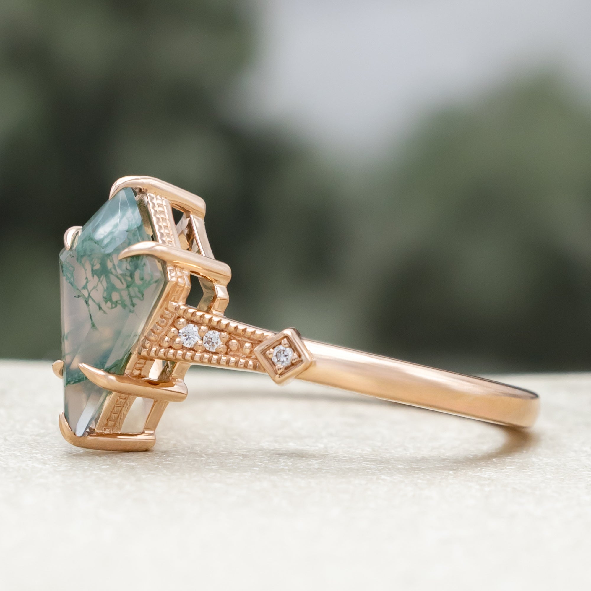 "Annora" - Kite Cut Moss Agate Engagement Ring With Diamond Accents-Staghead Designs