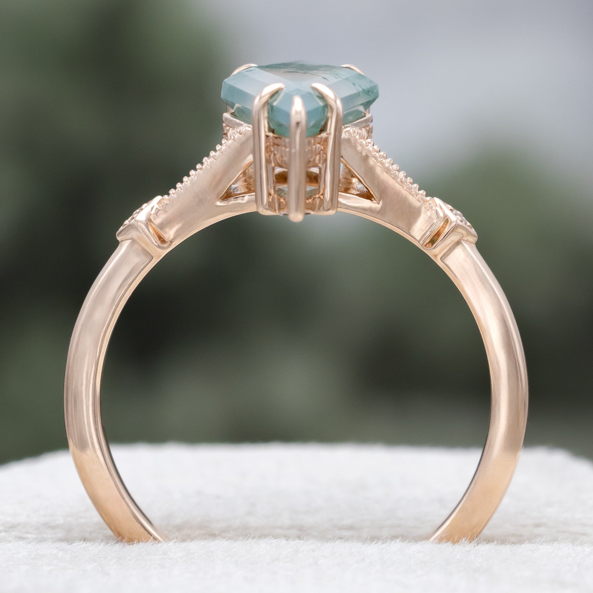 "Annora" - Kite Cut Moss Agate Engagement Ring With Diamond Accents-Staghead Designs