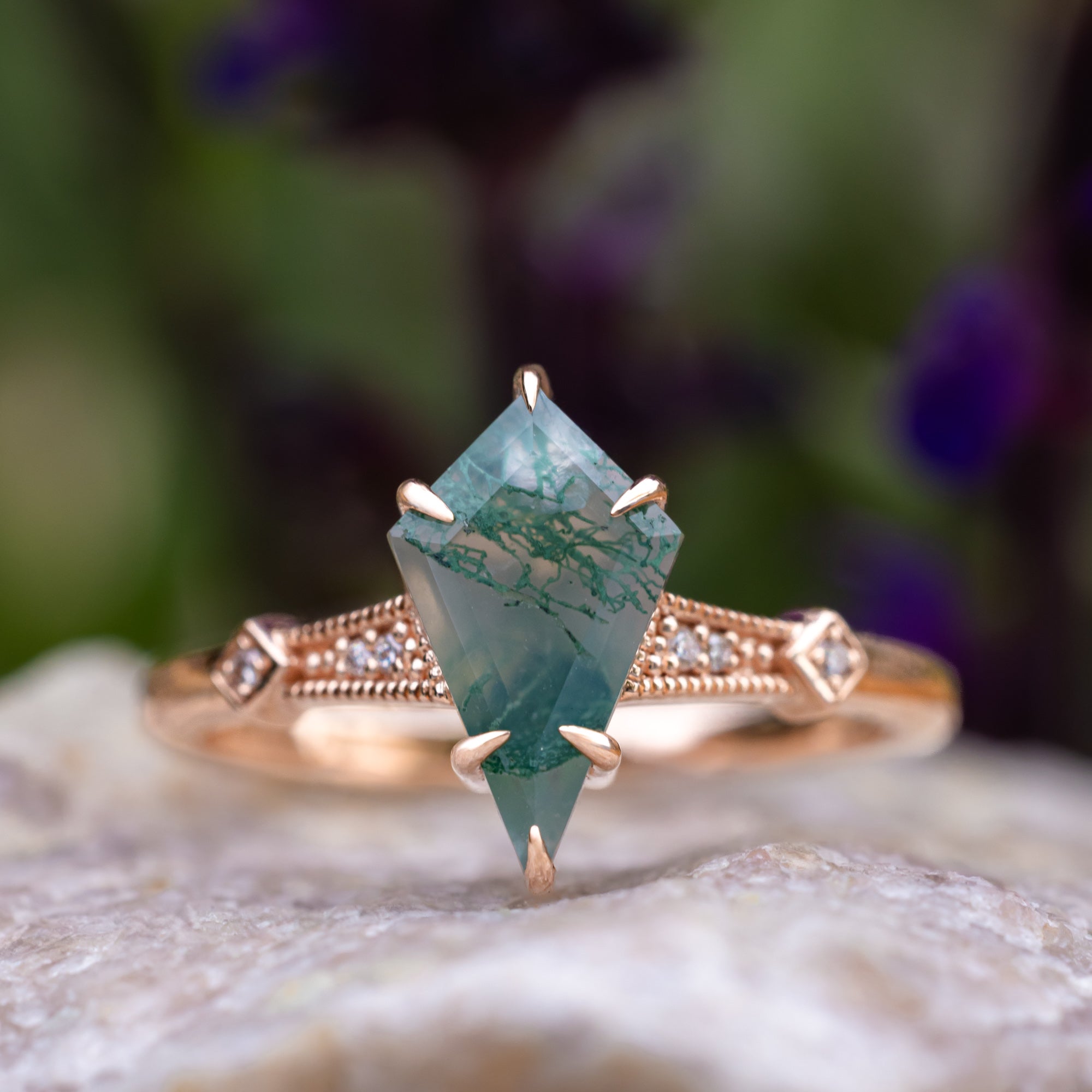 "Annora" - Kite Cut Moss Agate Engagement Ring With Diamond Accents-Staghead Designs