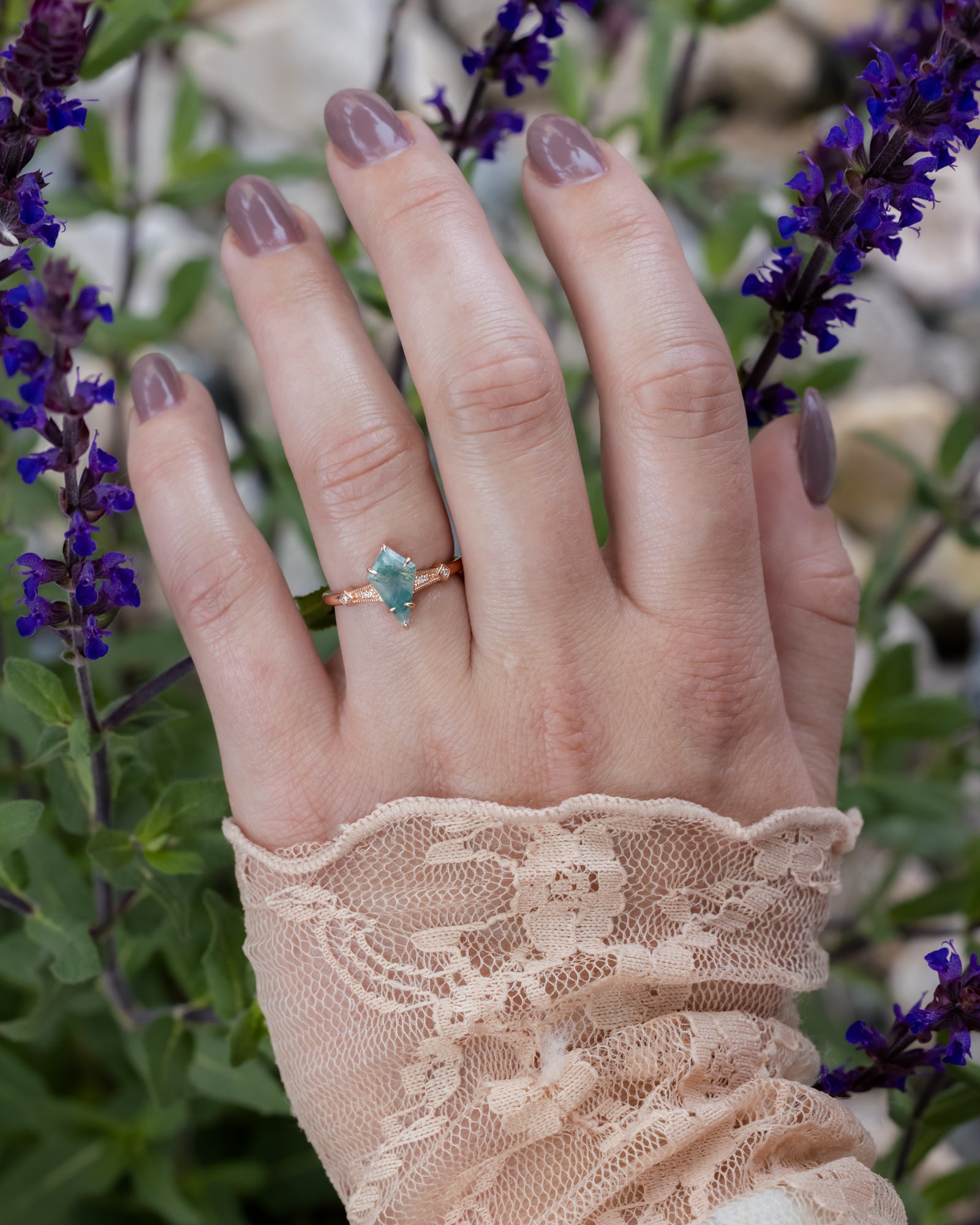 "Annora" - Kite Cut Moss Agate Engagement Ring With Diamond Accents-Staghead Designs