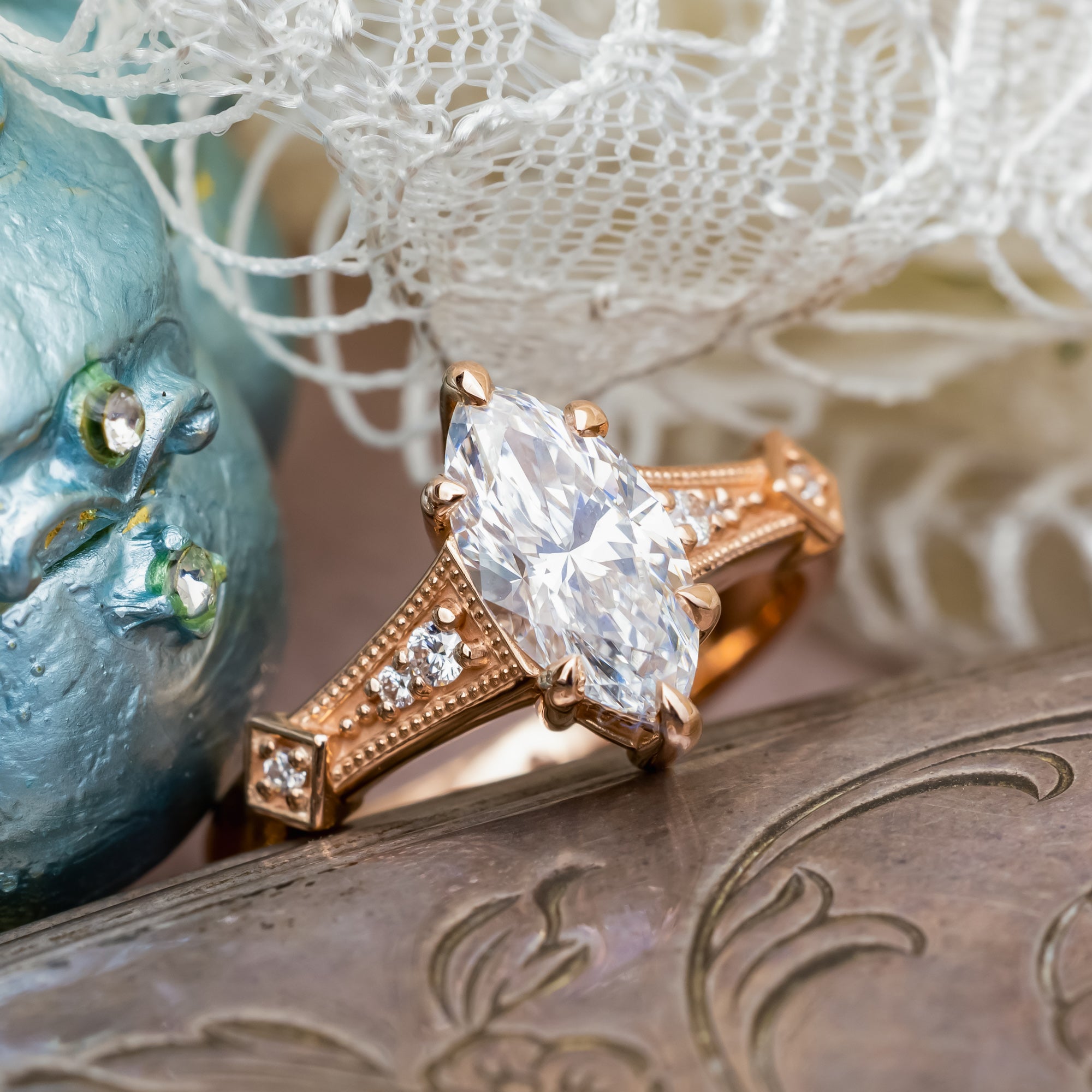 "ANNORA" - MARQUISE CUT LAB-GROWN DIAMOND ENGAGEMENT RING WITH LAB-GROWN DIAMOND ACCENTS-Staghead Designs
