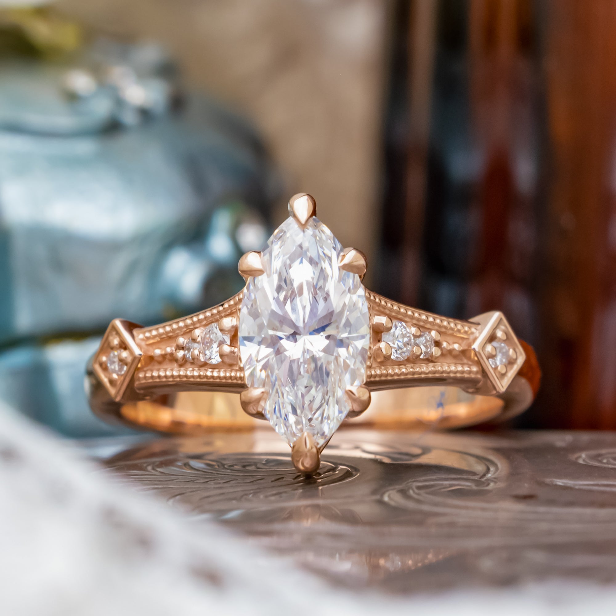 "ANNORA" - MARQUISE CUT LAB-GROWN DIAMOND ENGAGEMENT RING WITH LAB-GROWN DIAMOND ACCENTS-Staghead Designs