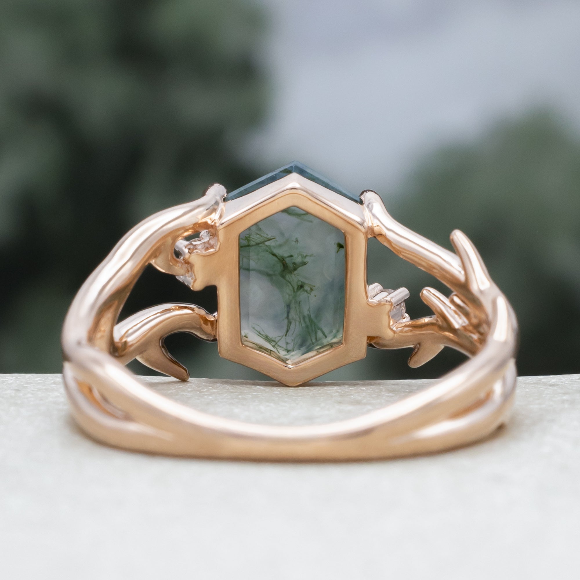 "Artemis" - Elongated Hexagon Cut Moss Agate Engagement Ring With A Choice Of Diamond Accents-Staghead Designs