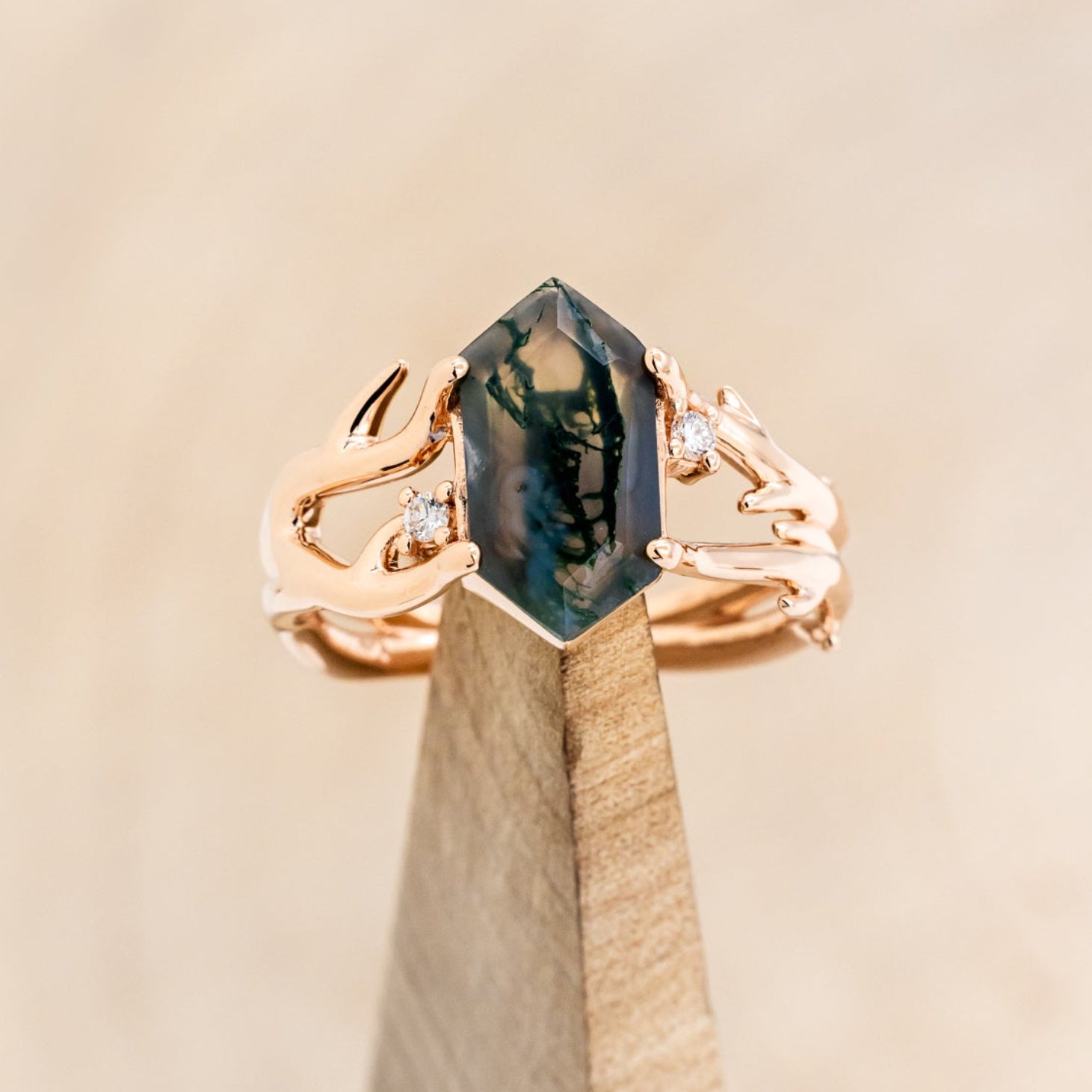 "ARTEMIS" - ELONGATED HEXAGON MOSS AGATE ENGAGEMENT RING WITH AN ANTLER STYLE BAND & DIAMOND ACCENTS - EXPEDITED-7