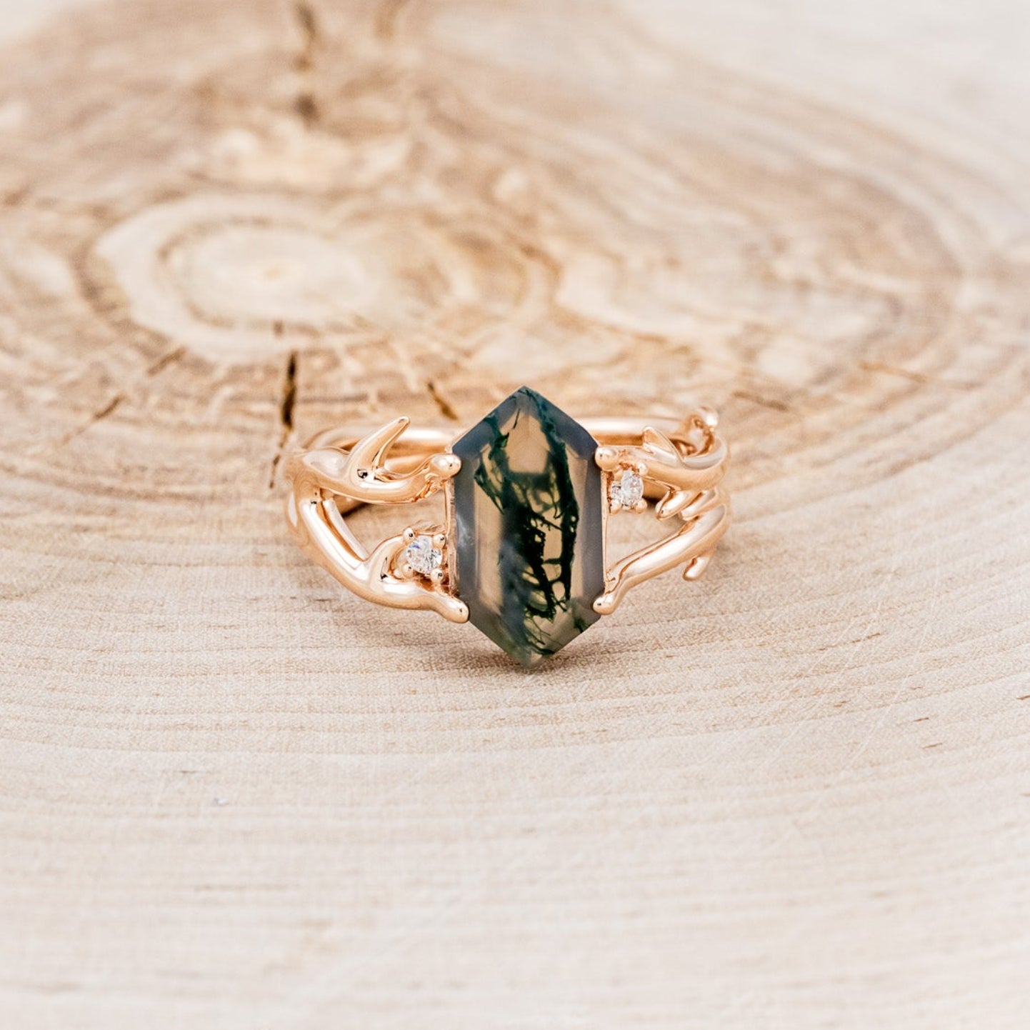 "ARTEMIS" - ELONGATED HEXAGON MOSS AGATE ENGAGEMENT RING WITH AN ANTLER STYLE BAND & DIAMOND ACCENTS - EXPEDITED-10