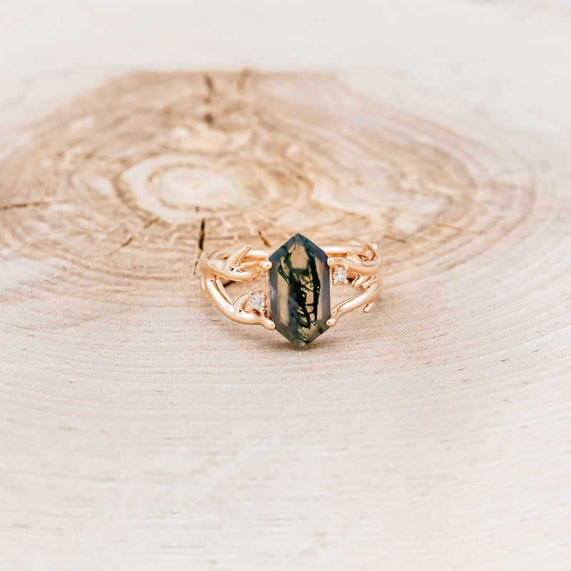 "ARTEMIS" - ELONGATED HEXAGON MOSS AGATE ENGAGEMENT RING WITH AN ANTLER STYLE BAND & DIAMOND ACCENTS - EXPEDITED-10