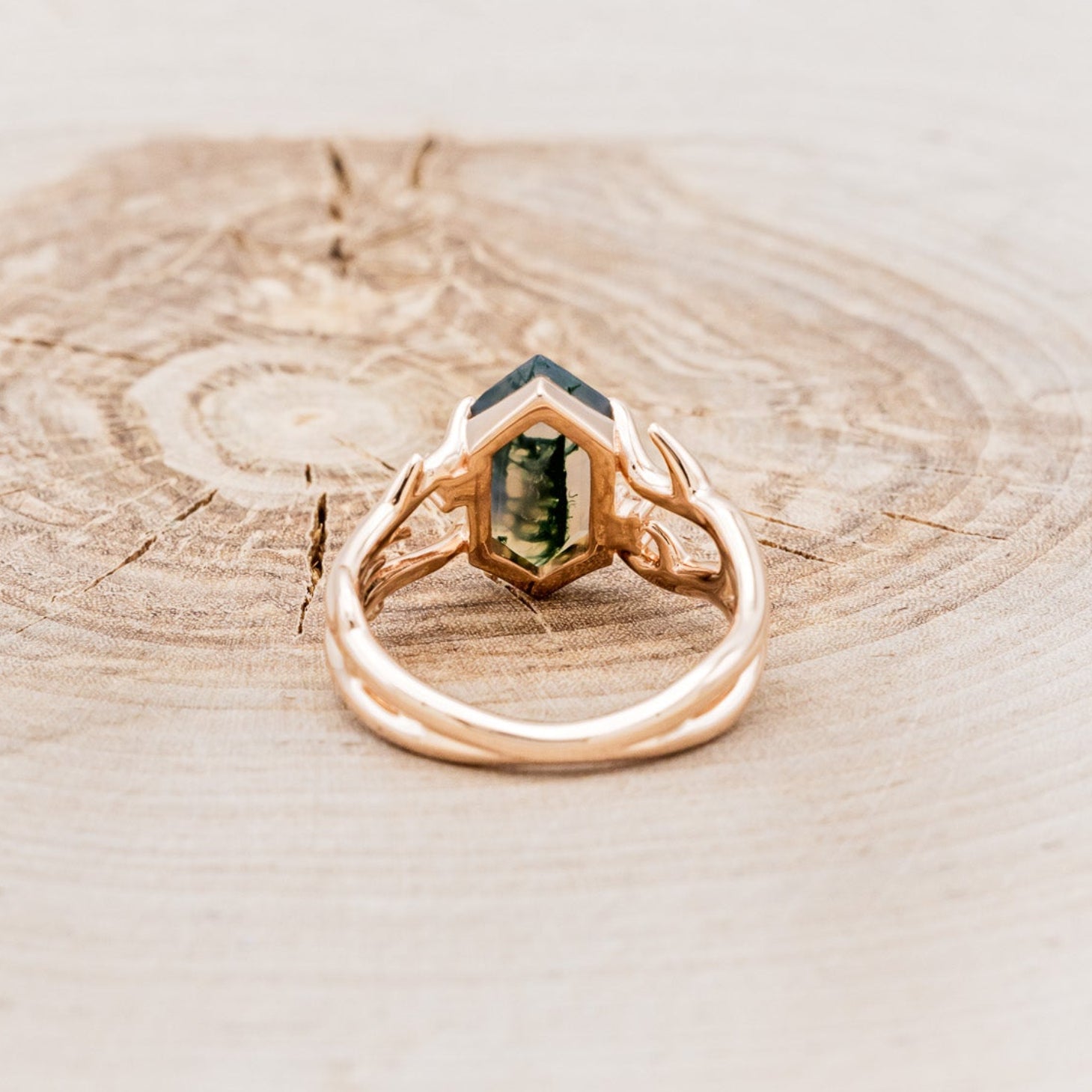 "ARTEMIS" - ELONGATED HEXAGON MOSS AGATE ENGAGEMENT RING WITH AN ANTLER STYLE BAND & DIAMOND ACCENTS - EXPEDITED-11