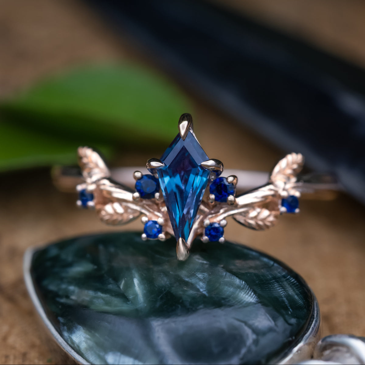 "Artemisia" - Kite Cut Lab-Grown Alexandrite Engagement Ring With Blue Sapphire Accents-Staghead Designs
