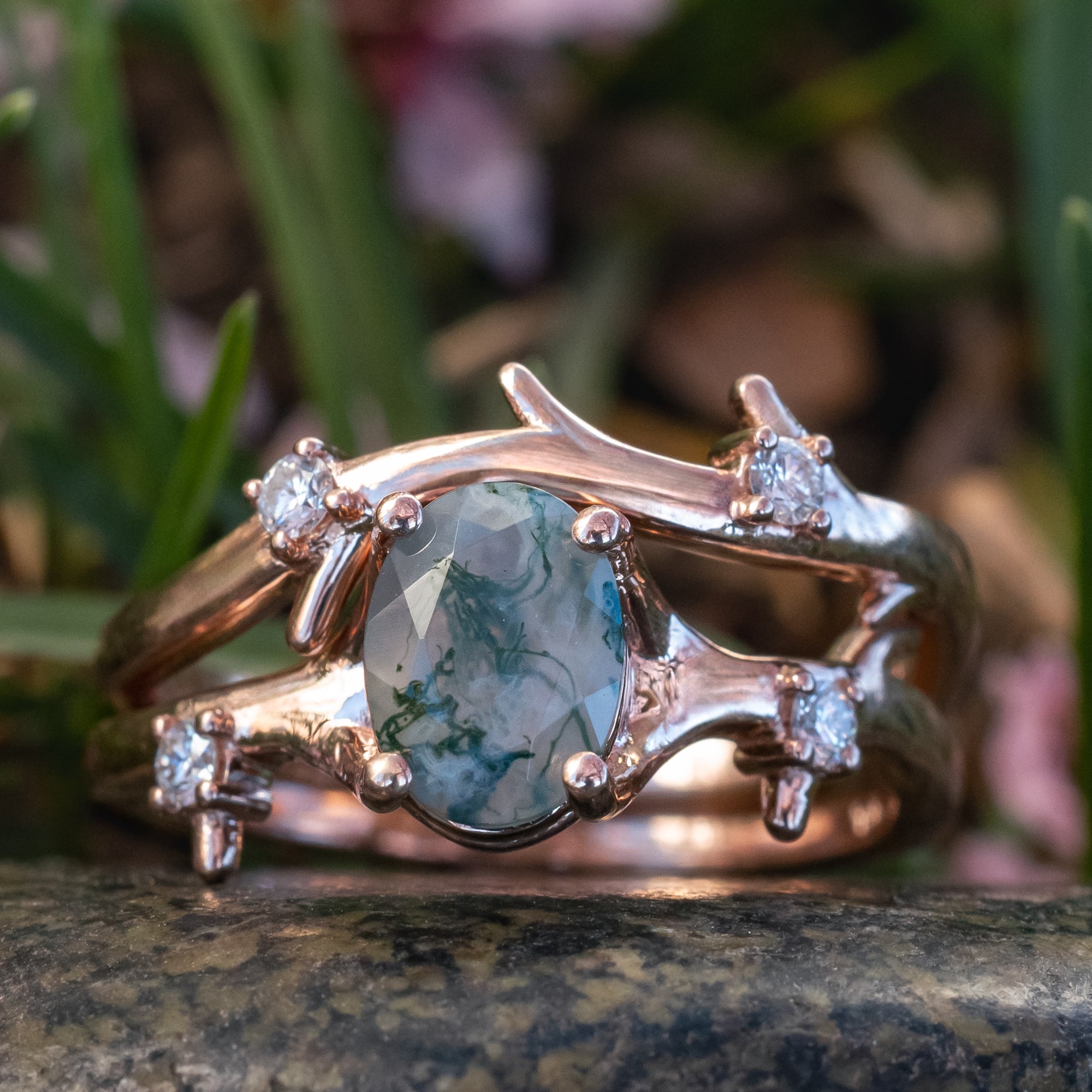 "ARTEMIS" - OVAL CUT MOSS AGATE ENGAGEMENT RING WITH DIAMOND ACCENTS & STACKING BAND-Staghead Designs