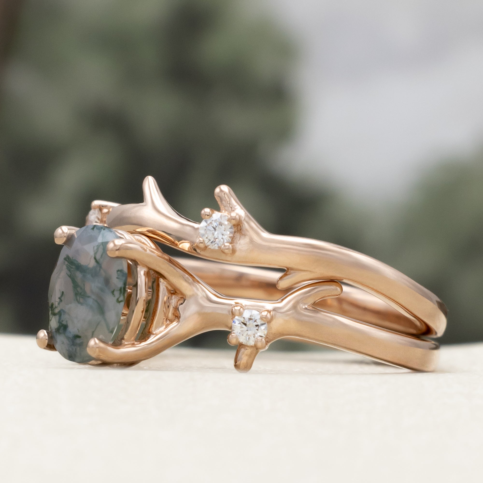 "ARTEMIS" - OVAL CUT MOSS AGATE ENGAGEMENT RING WITH DIAMOND ACCENTS & STACKING BAND-Staghead Designs