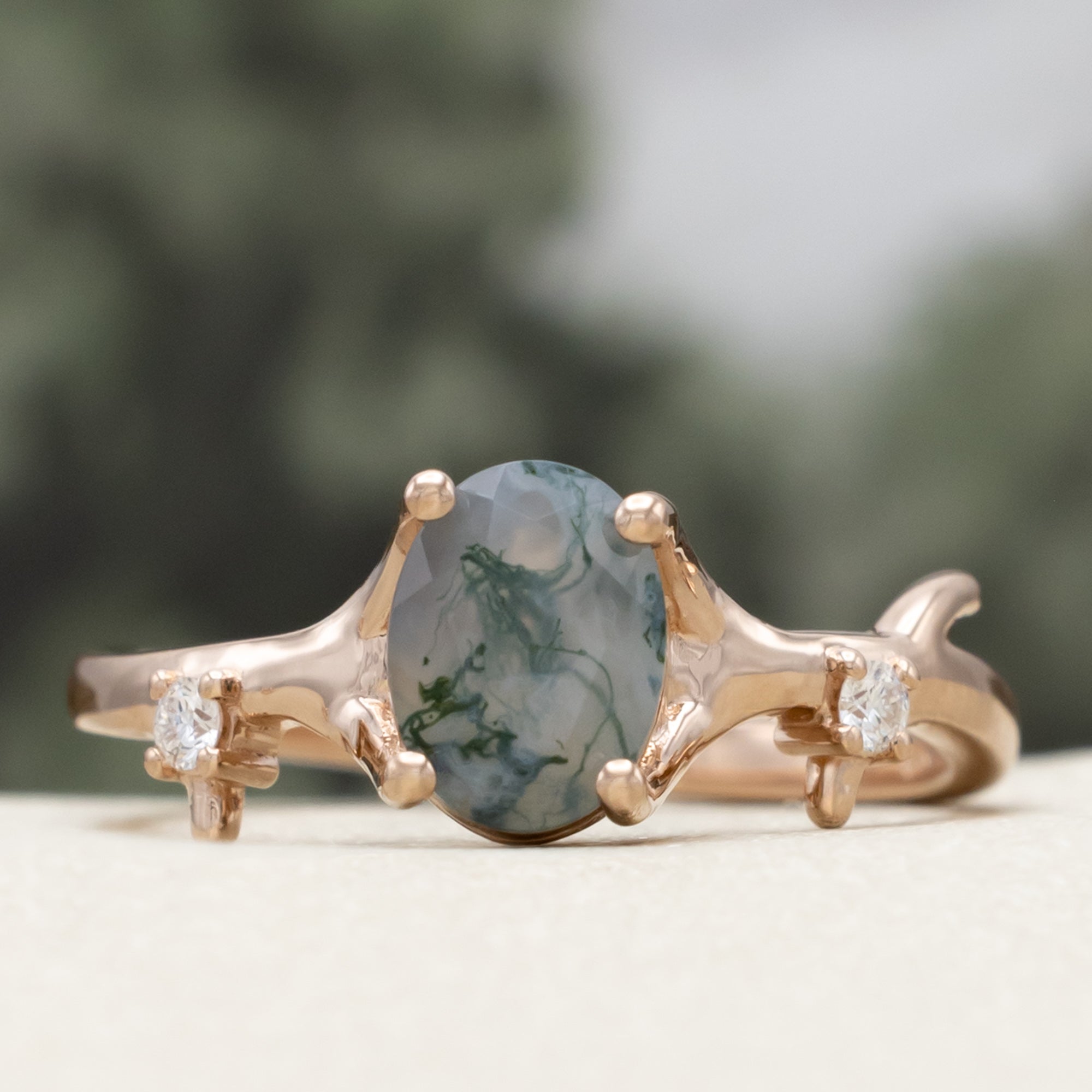 "ARTEMIS" - OVAL CUT MOSS AGATE ENGAGEMENT RING WITH DIAMOND ACCENTS & STACKING BAND-Staghead Designs